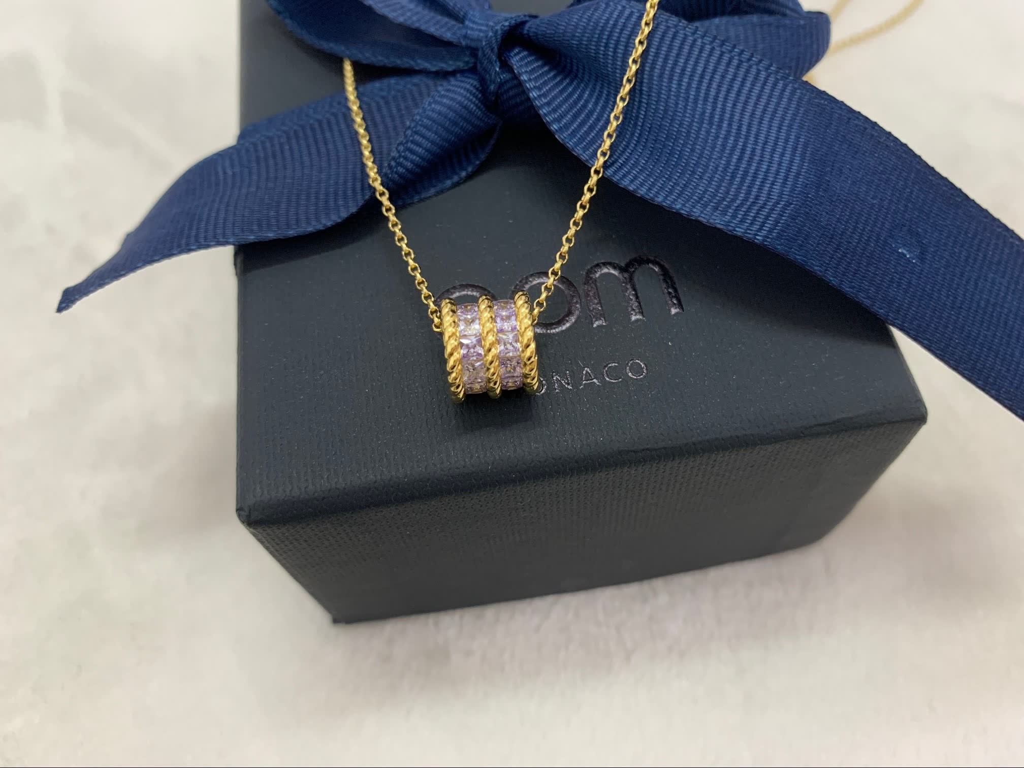 APM Monaco Gold Heart-Shaped Necklace with Purple Stones